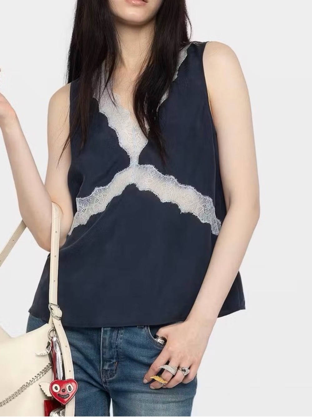 Zadig & Voltaire Navy Camisole with Light Blue Lace Trim